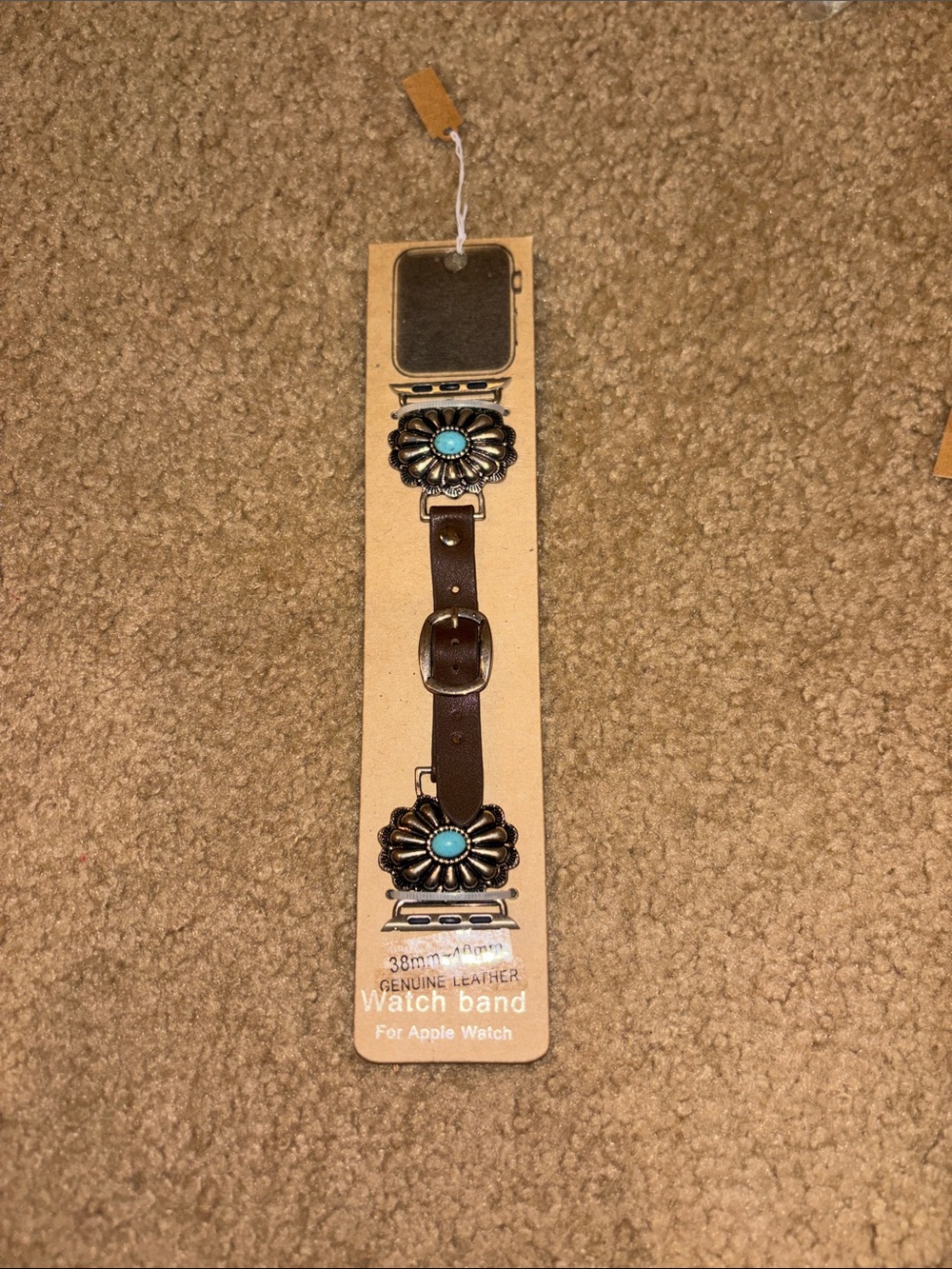Genuine Leather Brown Watch Band with Turquoise Conchos for Apple Watch 38 40 mm